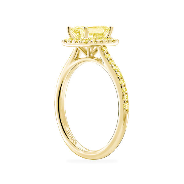 Emerald Cut Yellow Diamond Engagement Ring with Halo and Yellow Gold Pav&eacute; Band